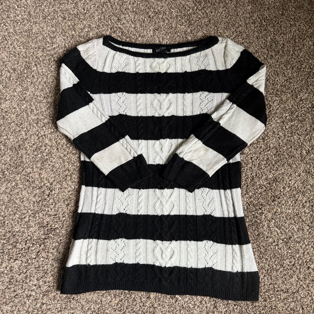 WHBM Glitter Striped Boatneck Fitted Cable Knit Sweater, Sz S, Black/White